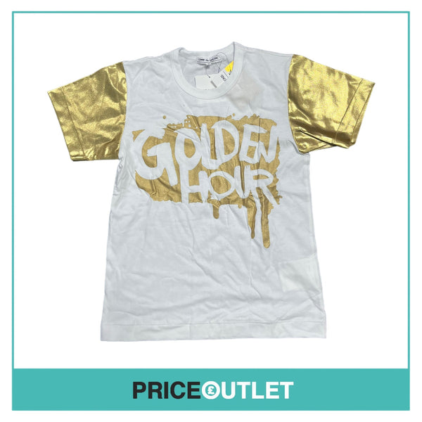 Comme des Garçons - Gold Rush Unisex White T-Shirt with 'Golden Hour' Print and Gold Sleeves - Size S - BRAND NEW WITH TAGS