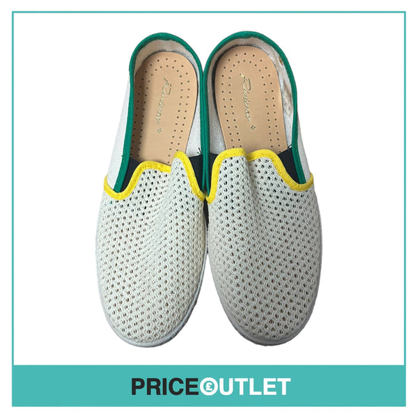 Rivieras - Womens Cream Slip On Shoes with Green and Yellow Binding - Size 42 - BRAND NEW WITH TAGS