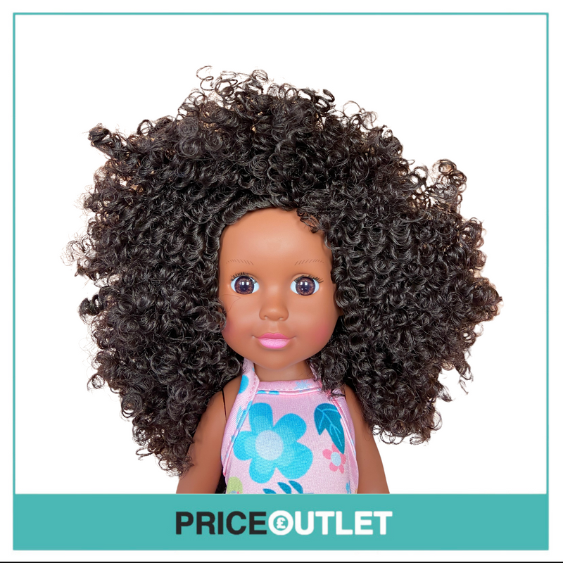 Curly-Haired Black Doll With Pink Floral Dress - BRAND NEW