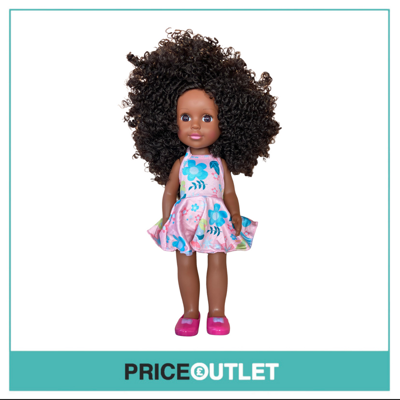 Curly-Haired Black Doll With Pink Floral Dress - BRAND NEW