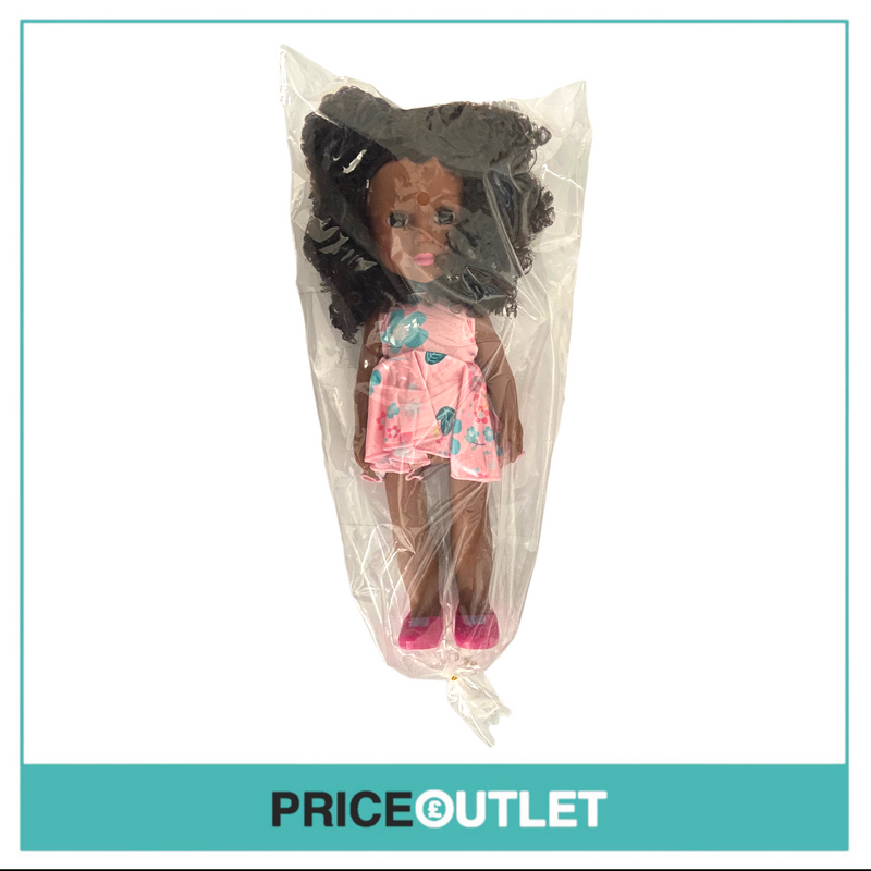 Curly-Haired Black Doll With Pink Floral Dress - BRAND NEW